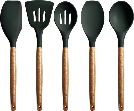 Kit di rivestimento antiaderente in silicone per utensili da cucina con manico in legno di acacia naturale, resistente a elevate temperature.