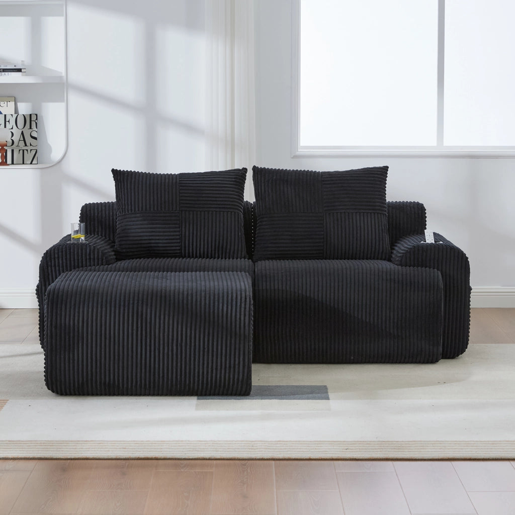 DIVANO modulare 2 posti 200x174x80 cm in velluto a coste nero con pouf