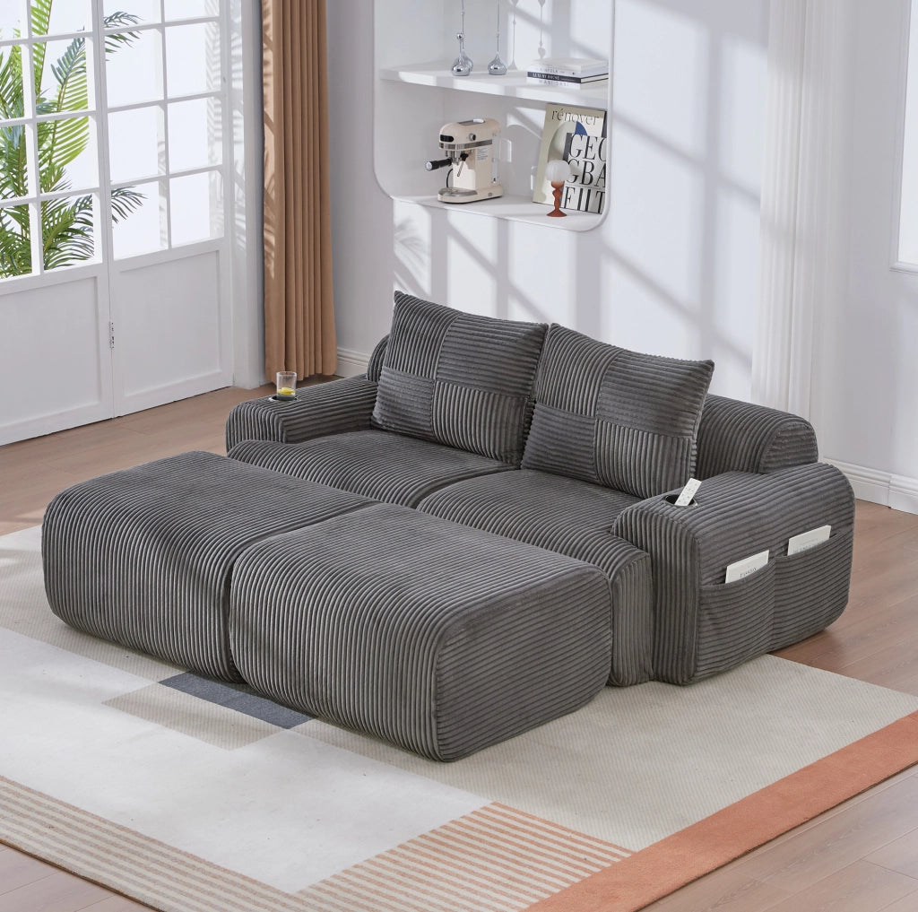 Divano modulare 2 posti in corduroy con portabicchieri e tasca laterale; grigio scuro 200x174x80 cm
