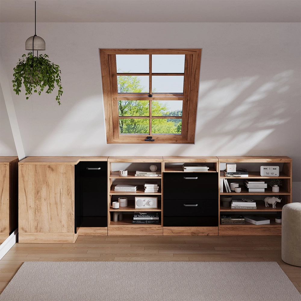 Mobile sottotetto Mobile angolare Rion Nero lucido/Rovere dorato 75.6 x 83.8 cm con 1 porta, carcassa dell’armadio profondità 60 cm Vicco