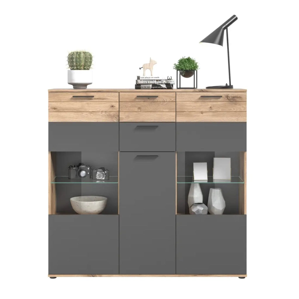 Buffet alto con porta in vetro - Grigio antracite e rovere chiaro - SELMA