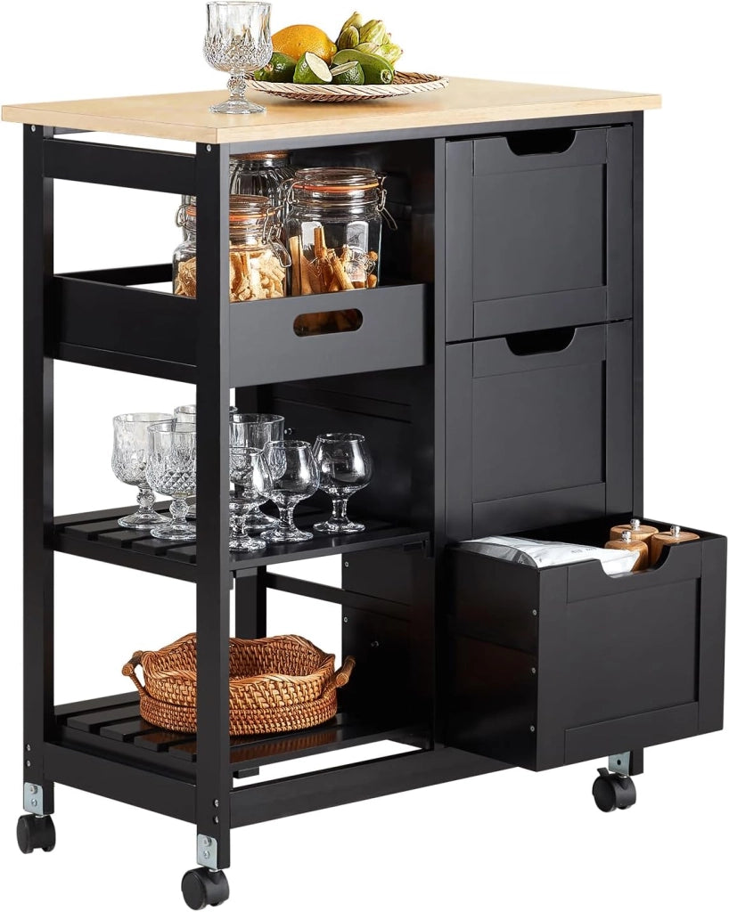 Carrello Cucina con 3 Cassetti e 1 Cestino, Mobiletto Cucina Salvaspazio con 4 Ruote Girevoli, Credenza Cucina o Bagno, Mobiletto Cucina Dispensa, L68 x P38 x A85 cm, nero,FKW79-SCH
