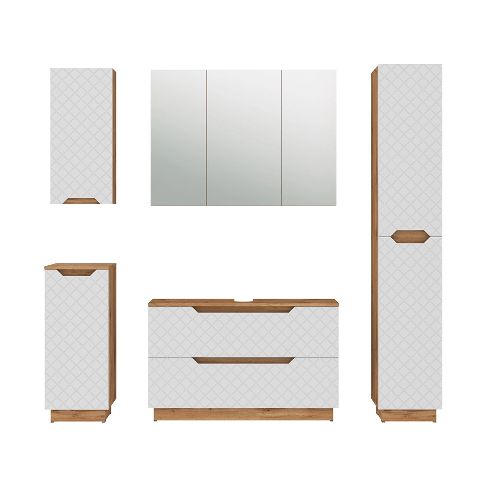 Vicco Set di mobili da bagno Rovere/bianco con struttura in piastrelle 5 parti