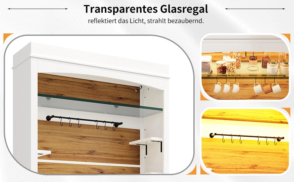 Set di 2 credenze alte con LED RGB, ripiano in vetro e 6 ganci, per cucina e sala da pranzo, bianco, 107 × 34 × 184 cm