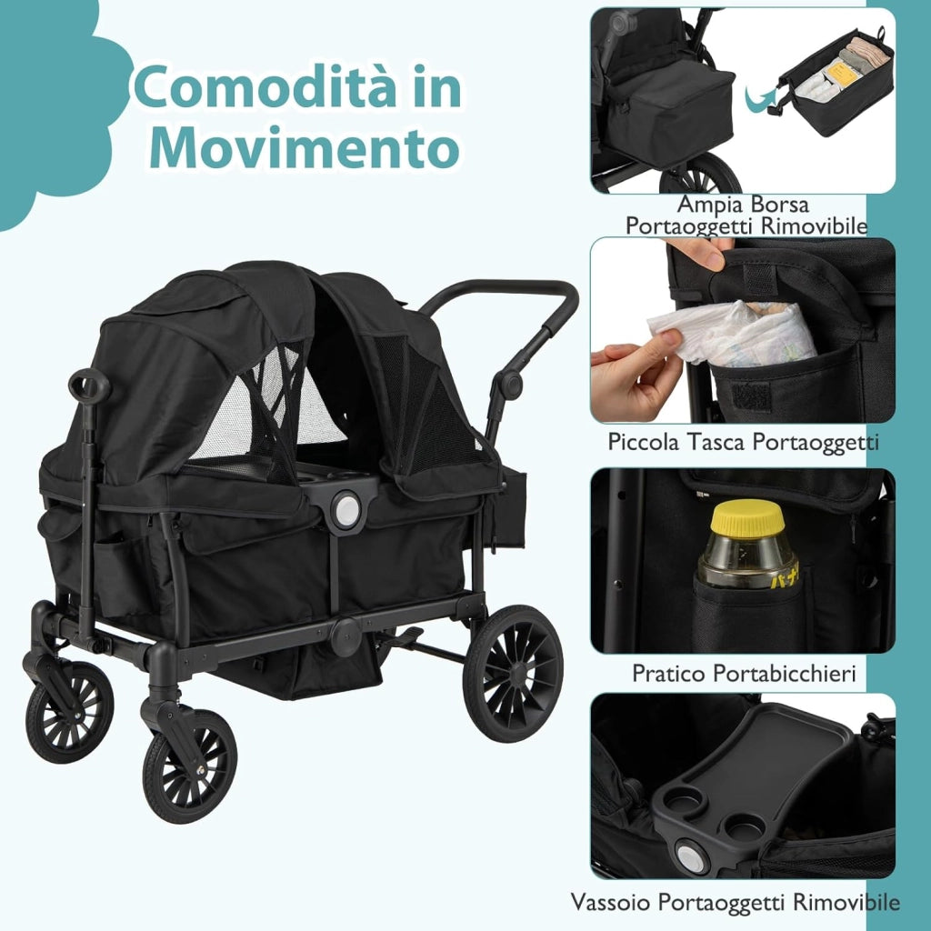 Passeggino Doppio Pieghevole, Passeggino Gemellare con Manico Regolabile, Tettuccio Rimovibile, Portabicchieri, per Bambini da 6+ Mesi, 104 x 57 x 107 cm (Nero)