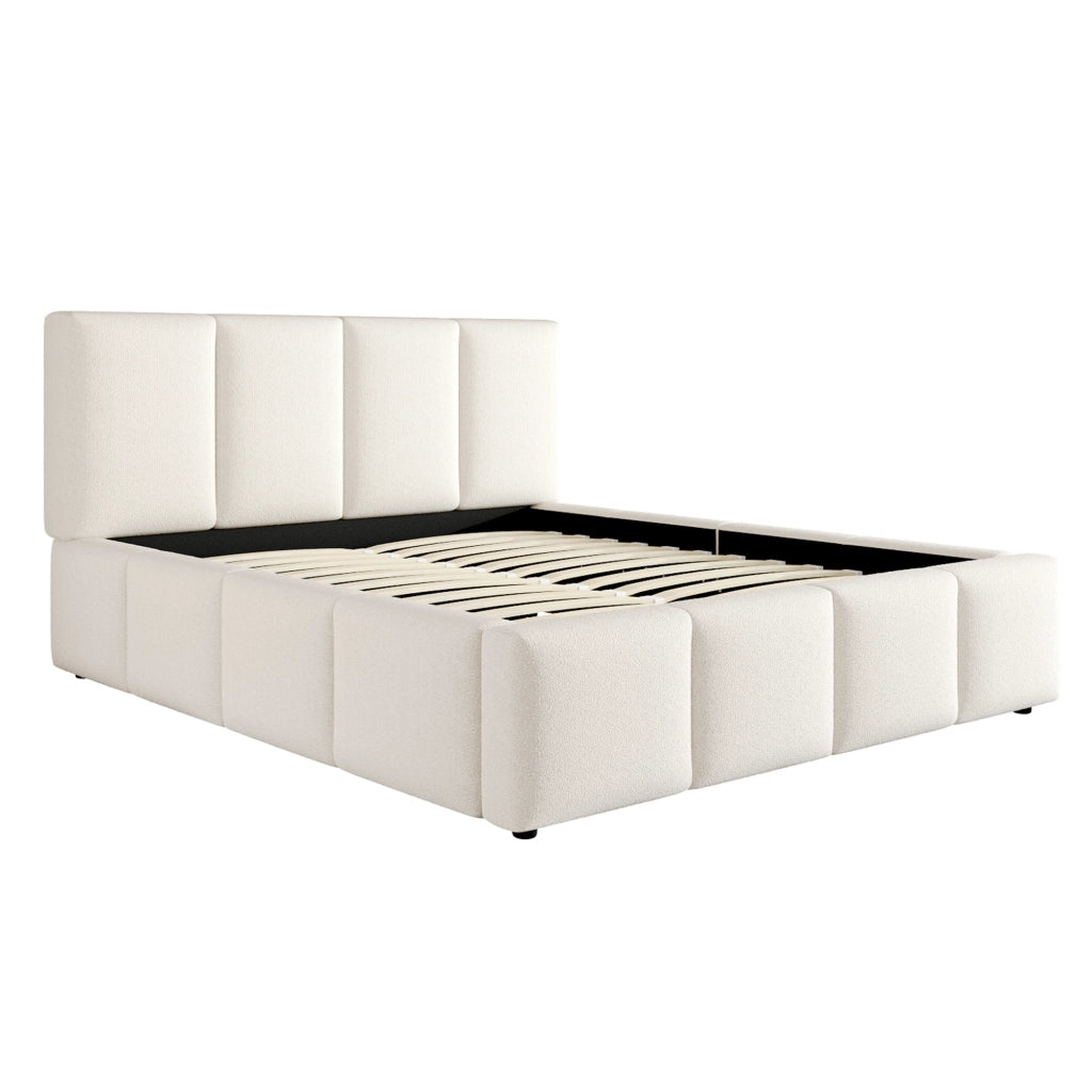 Letto imbottito matrimoniale 180x200 cm con rete a doghe, testiera imbottita in bouclé beige