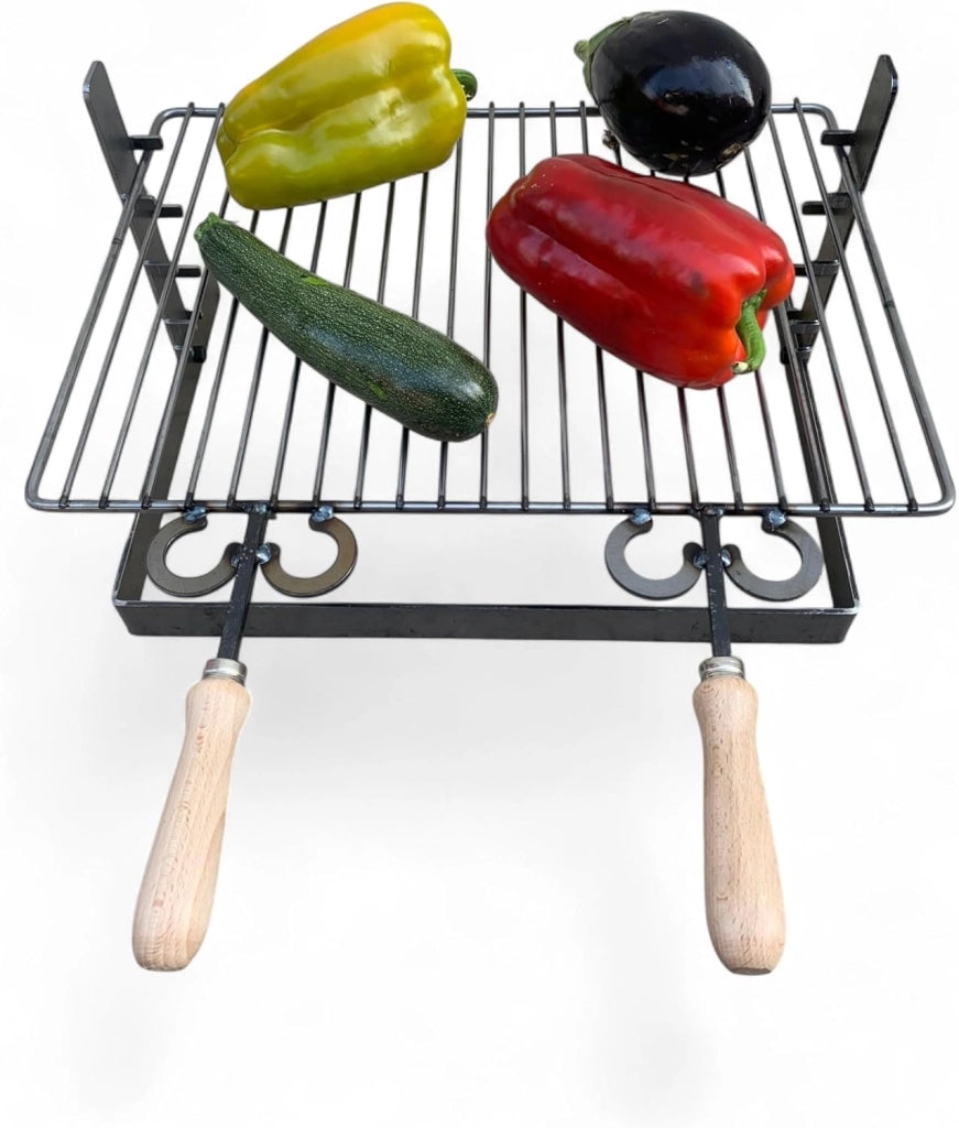 Griglia in ferro regolabile su più altezze, bistecchiera con manici in legno, per barbecue e camino per carne pesce verdure 50x36cm