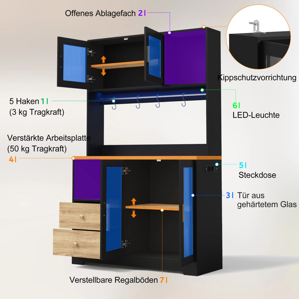 ARMADIO CUCINA Alto 110x40x178 cm MDF Nero con LED e vetri temperati