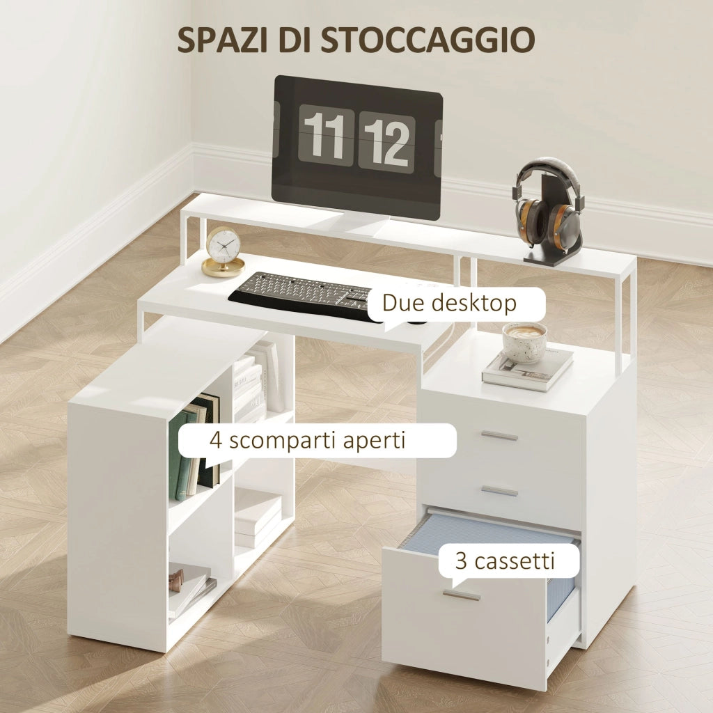 Scrivania da Ufficio Angolare 138,5x90x92 cm con Supporto per Monitor Cassetti e Ripiani in Legno Bianco