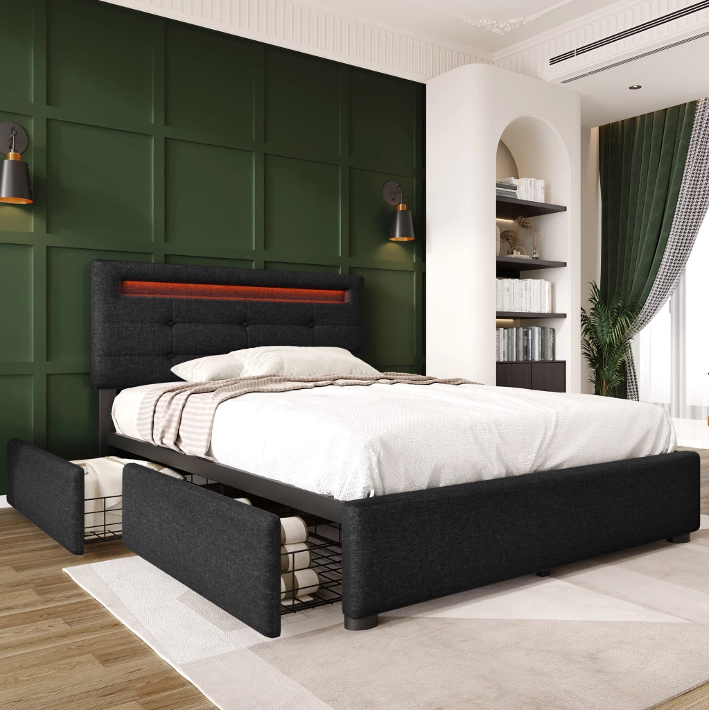Letto singolo imbottito 90x200 cm con LED e 2 cassetti nero
