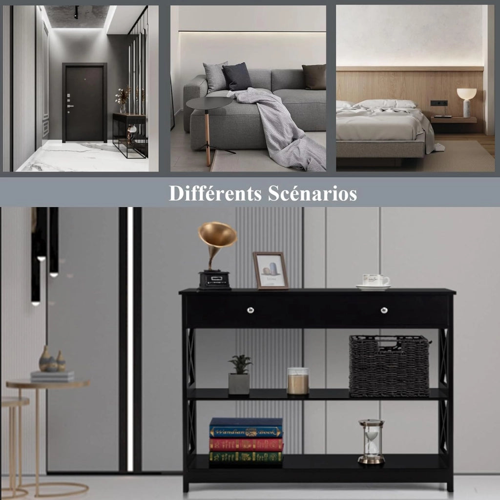 Ingresso per ingresso, console da ingresso stretta a 3 livelli con ampio cassetto per chiavi, orologi e gioielli, mobile ingresso per soggiorno e camera da letto, 100 x 30 x 80 cm (nero)