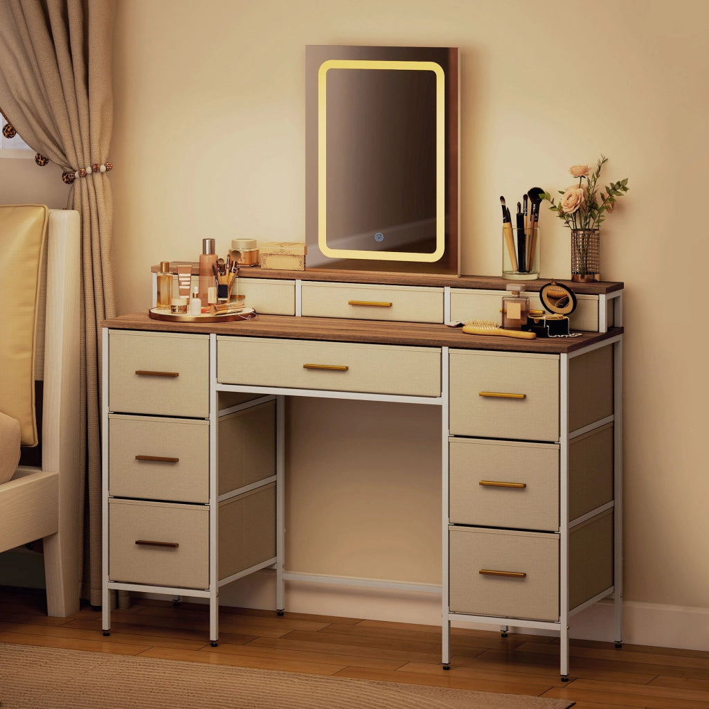 Scrivania trucco con specchio e luci LED ¨C Zephmum ¨C 118.5x39.5x140 cm naturale
