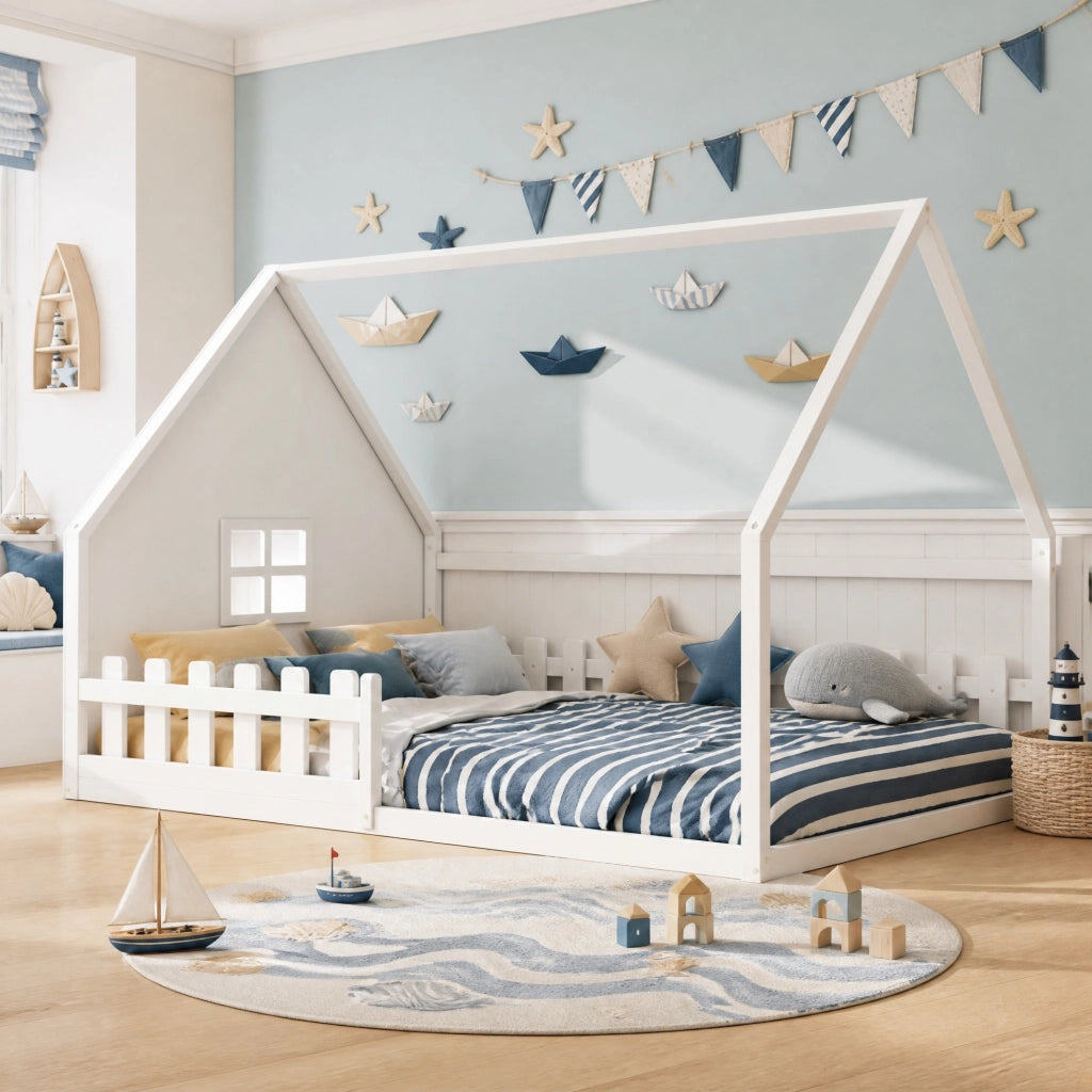 LETTO A CASITTA 140x200 cm in pino e MDF bianco con sponda