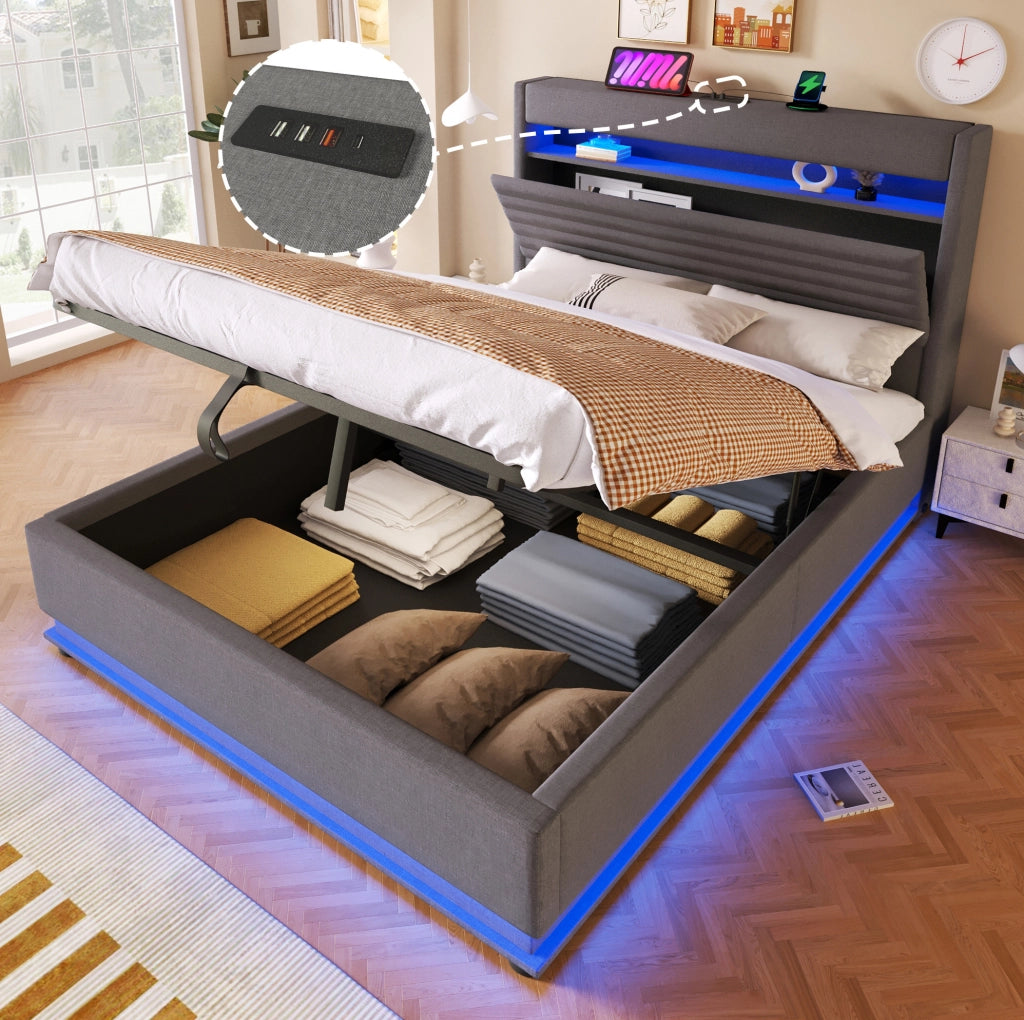 Letto matrimoniale contenitore 140x200 cm in lino grigio con LED; USB e USB-C