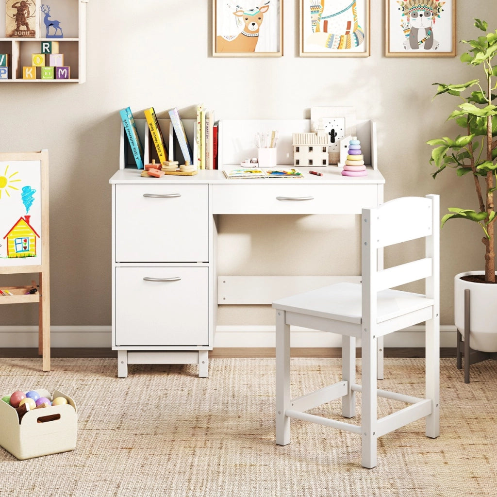 Postazione di lavoro per studenti in legno con divisori per libri, Scrivania per bambini con sedia per bambini 3+ anni Bianco-Tavoli e sedie