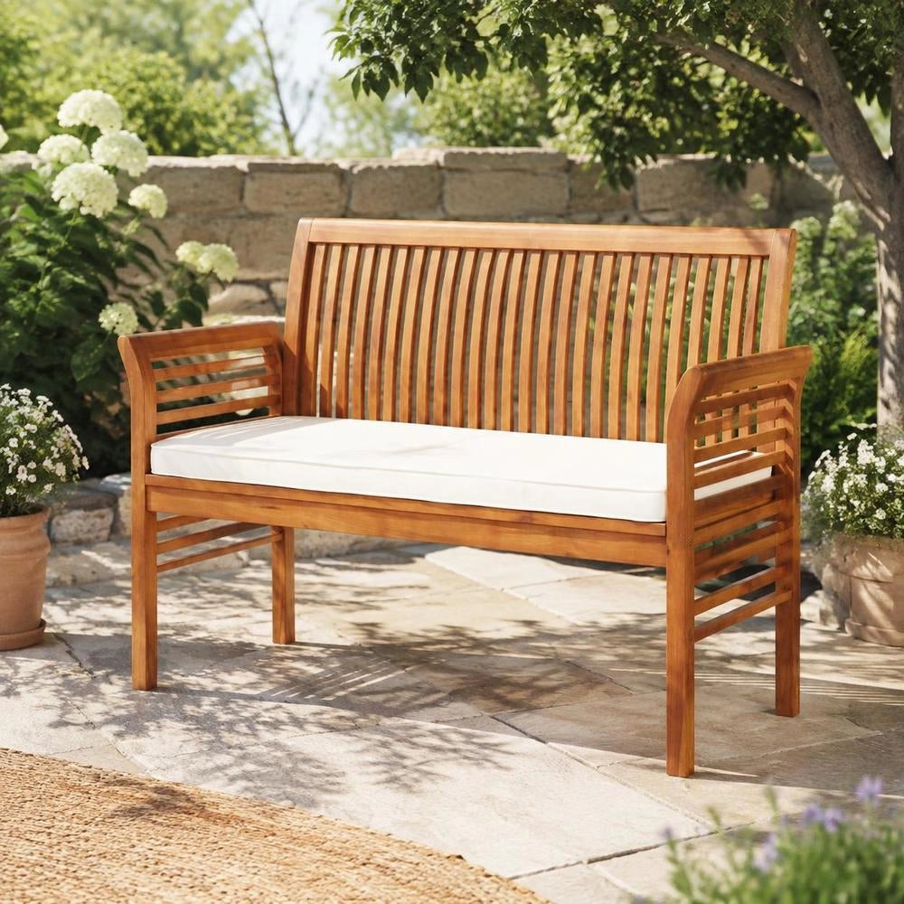 2-seater Garden Bench With Cushions, 120 Cm, Solid Acacia Wood