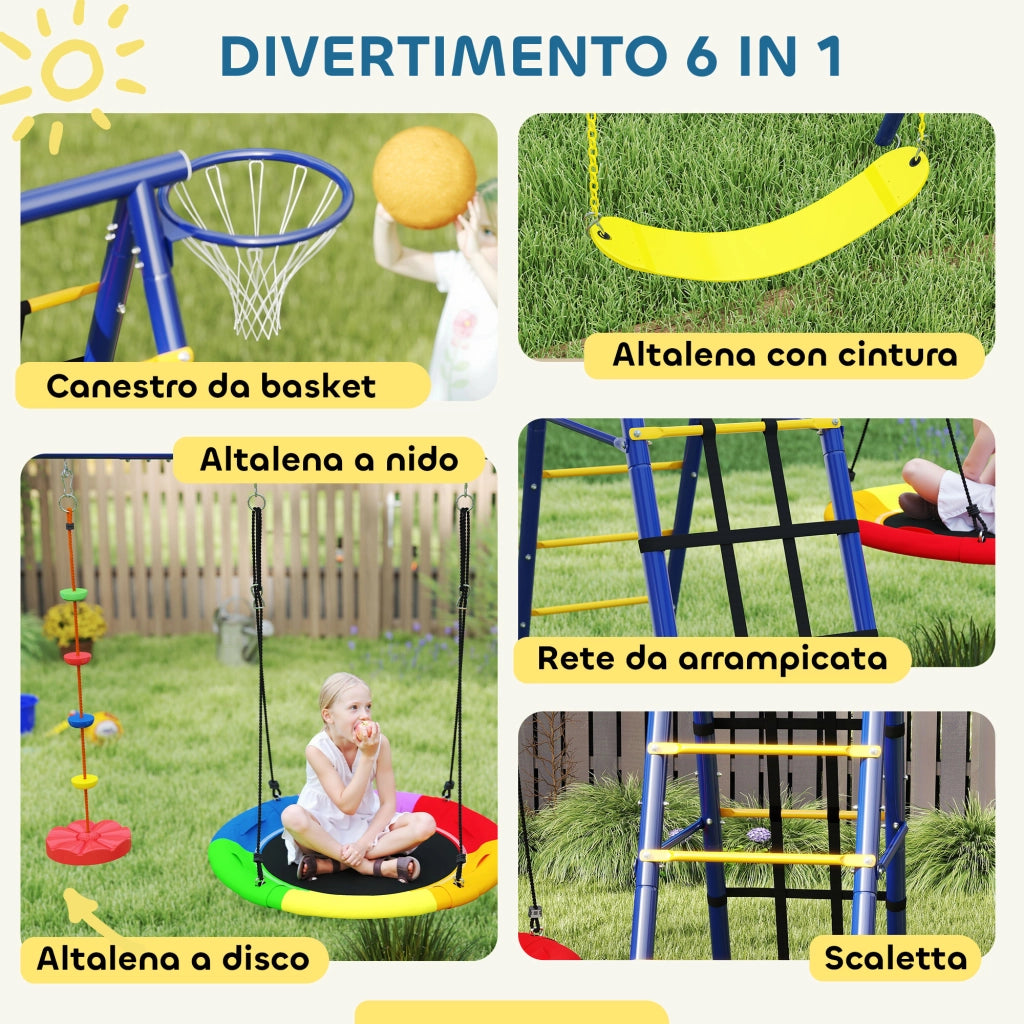 Gioco per Bambini 3-8 Anni con 3 Altalene, Scala a Corda e Canestro Basket, in Acciaio, PE e PP, 3.5x1.8x2 m