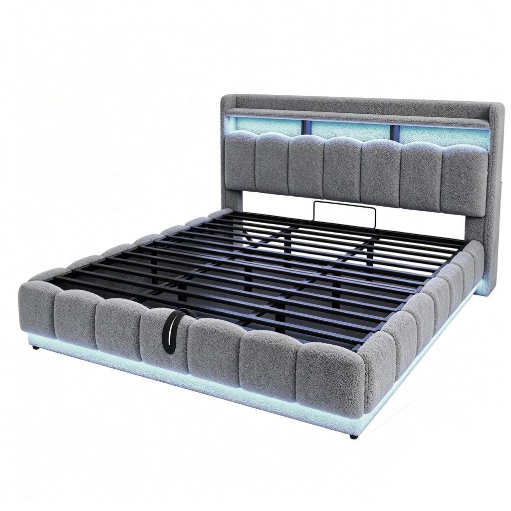 Letto Contenitore 180x200 cm; Matrimoniale; LED; USB e Presa - in Tessuto; Grigio