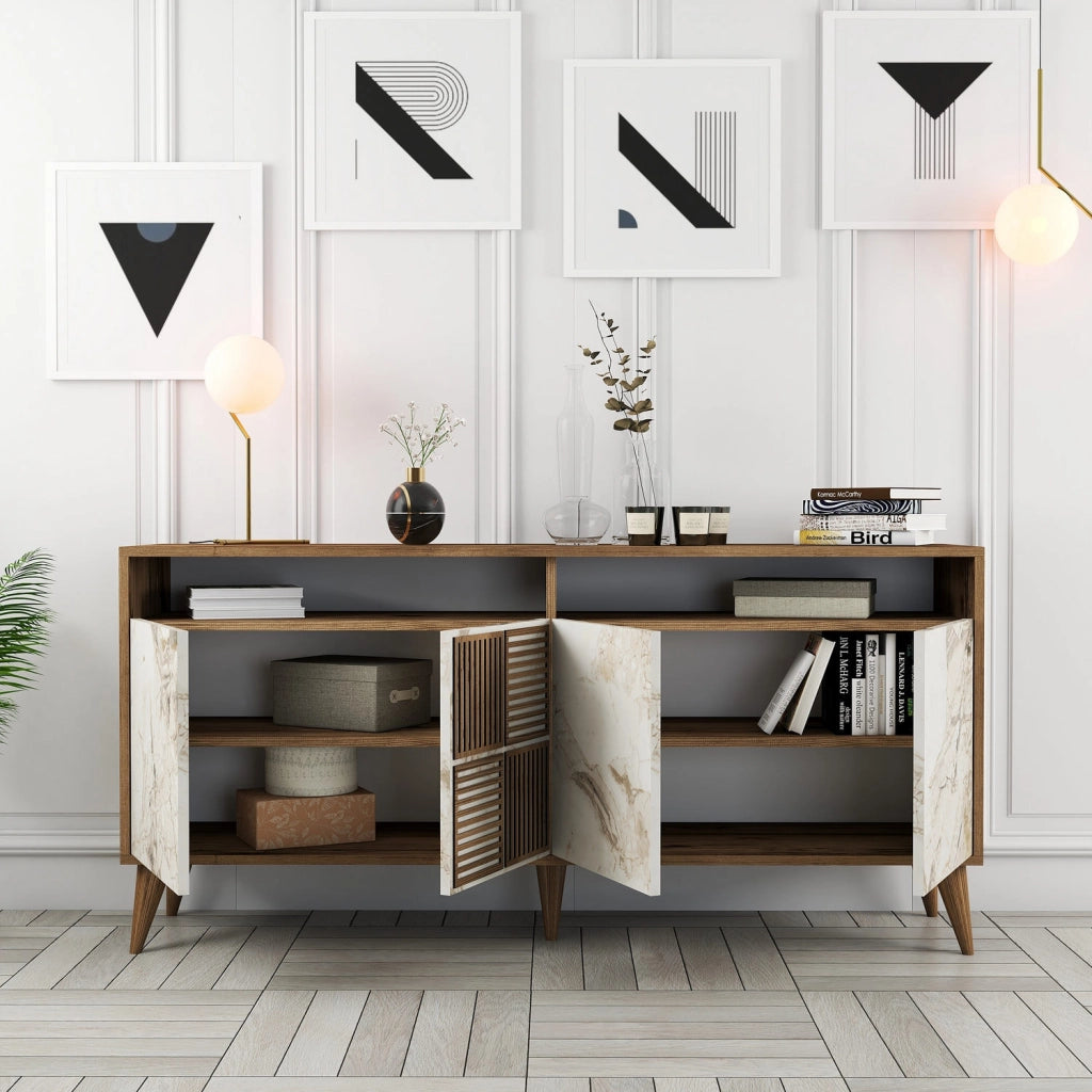 Console in legno "Milano" - 35 x 160 x 78 cm - Noyer, Marbre Blanc