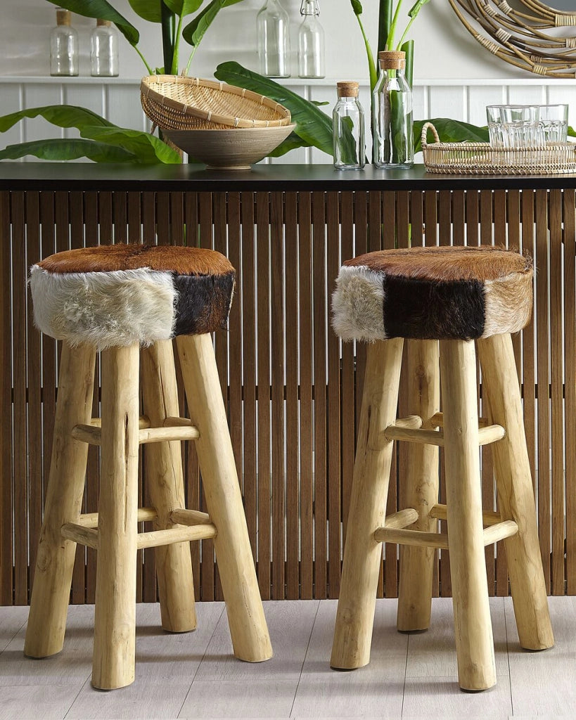 Sgabello Alto in Pelle di Agnello Gambe in Legno di Teak Stile Rustico soggiorno cucina