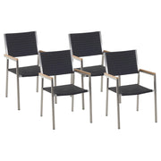 Set di 4 Sedie da Pranzo da Giardino Seduta in Finta Rattan Nero e Argento Gambe in Acciaio Inox Impilabili per Esterni