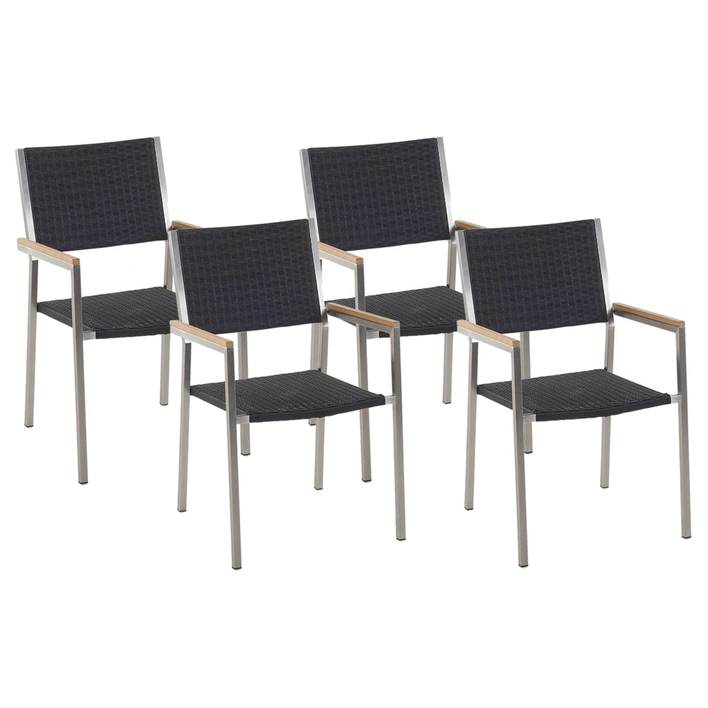 Set di 4 Sedie da Pranzo da Giardino Seduta in Finta Rattan Nero e Argento Gambe in Acciaio Inox Impilabili per Esterni