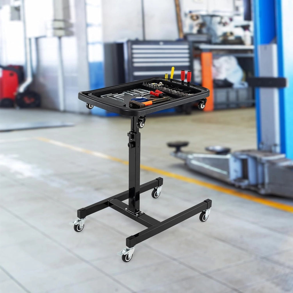 Carrello per officina, carrello girevole a 360°, altezza regolabile 80-130 cm, carico massimo 60 kg, grande vassoio rimovibile 73,5 x 46 cm, per garage, officina, soggiorno, casa, nero