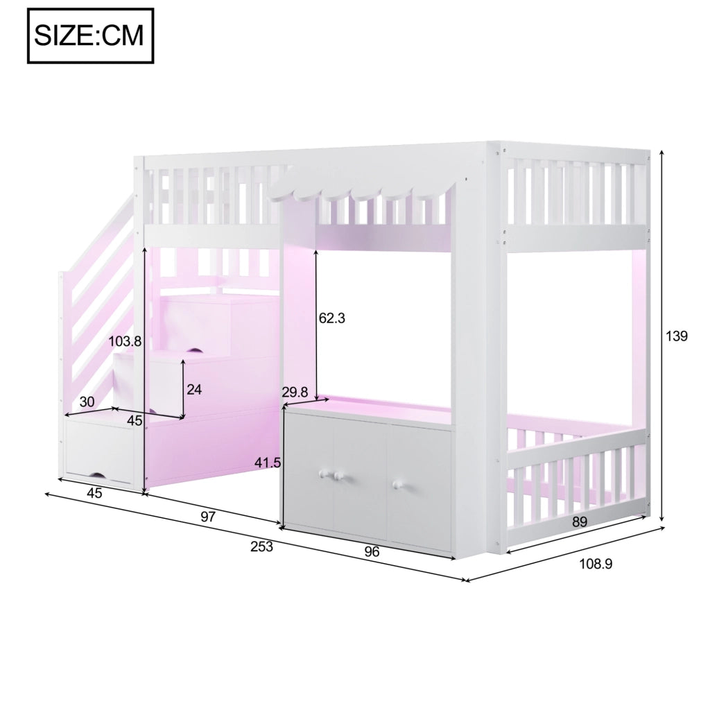 Letto a soppalco multifunzione con scala contenitore e luce LED integrata
