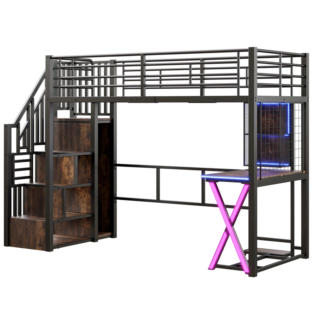 Letto a soppalco 90x200 cm con LED, scrivania, armadio e mensole, senza materasso, nero