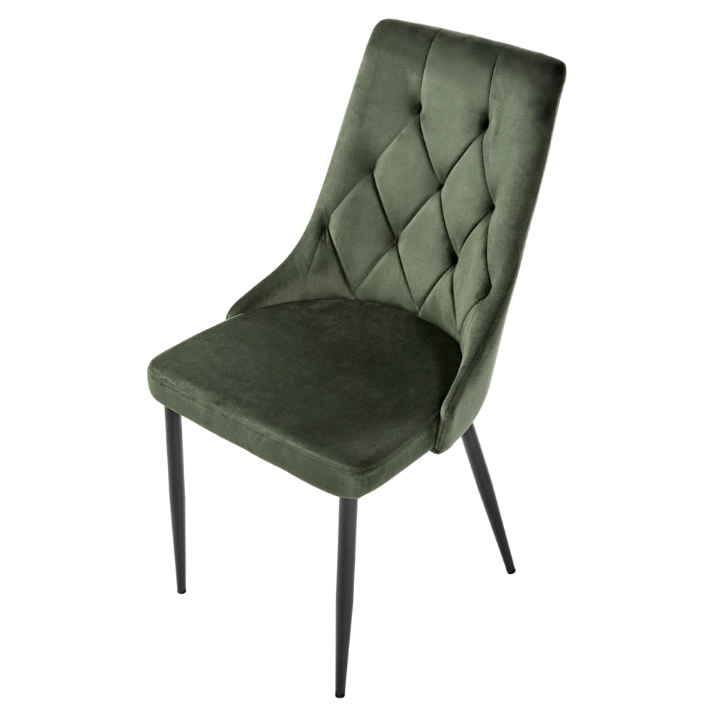 Set di 2 sedie da pranzo scandinave Rivestimento in velluto verde oliva Gambe in ferro nero Seduta in tessuto Senza braccioli