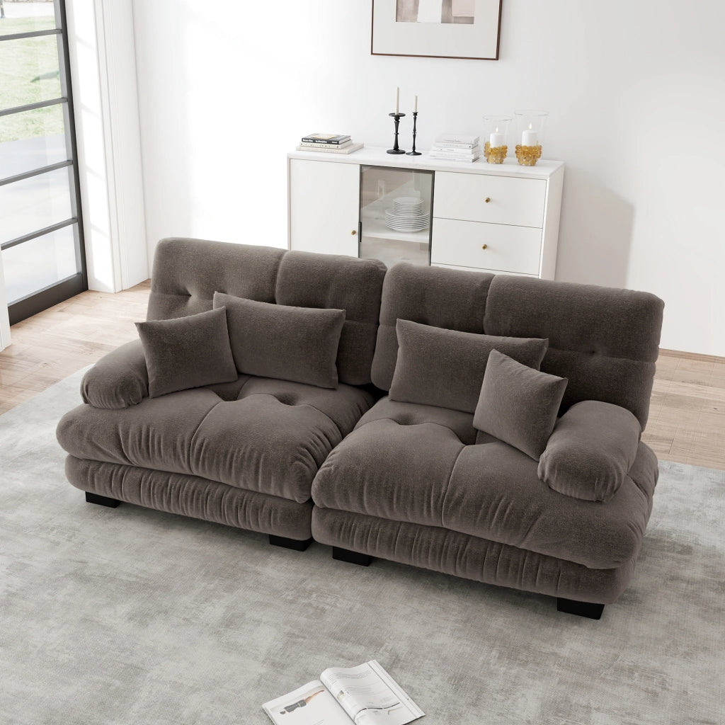 Divano angolare modulare in chenille con design cloud e cuscini lombari e decorativi marrone 220 × 77 × 81 cm