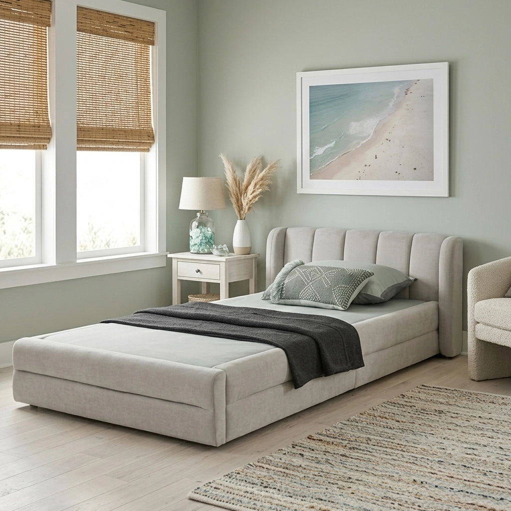 DESMIU Lit simple 90 × 200 cm con testiera imbottita, senza materasso, in ciniglia, beige