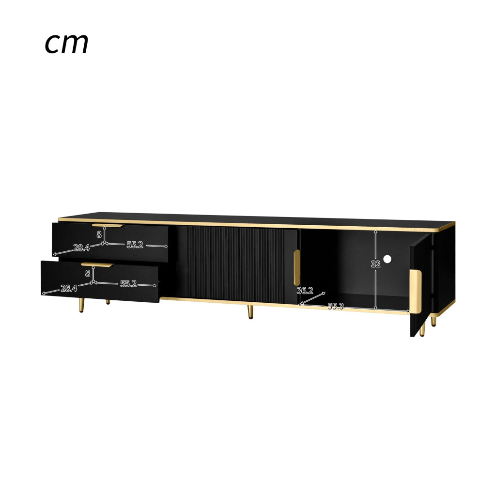 Mobile TV con 2 cassetti e 2 vani chiusi in MDF e pannello truciolare nero e oro