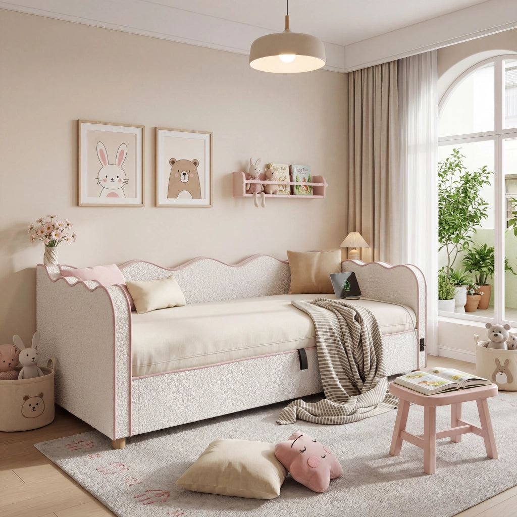 Letto imbottito 90x200 cm con contenitore idraulico, bouclé beige, con presa USB e Tipo-C