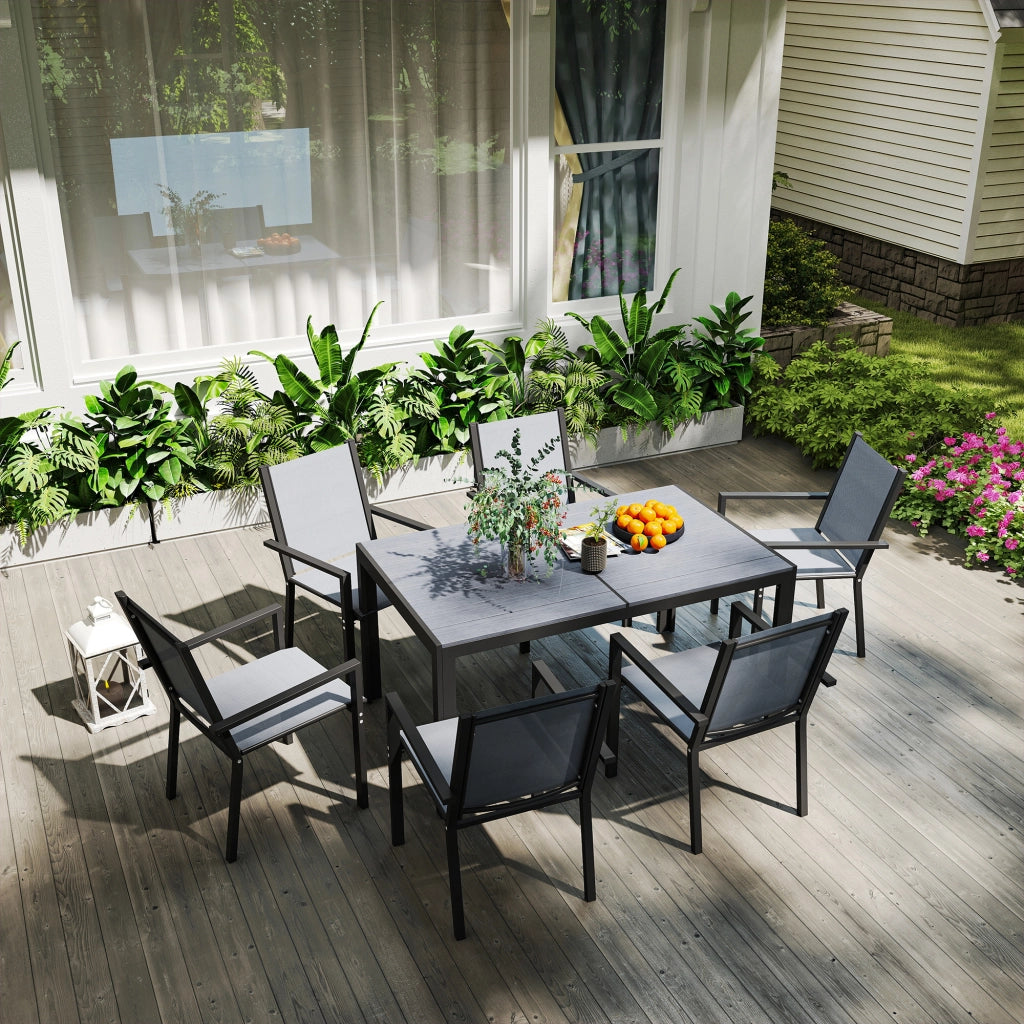 Set da Giardino con 6 Sedie Impilabili e Tavolo da Pranzo Rettangolare Grigio Chiaro