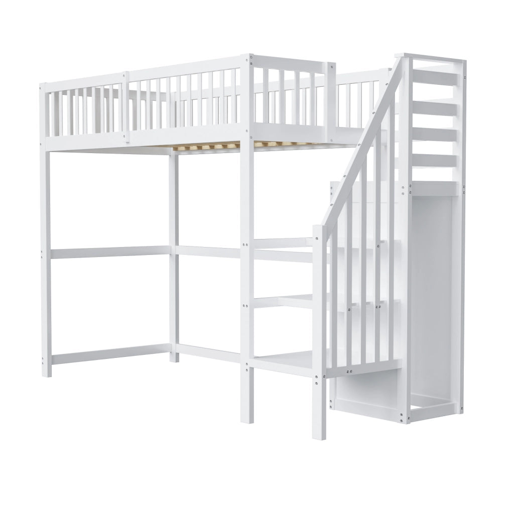 Letto soppalco bambini 90x200 bianco con scala e contenitori， senza materasso