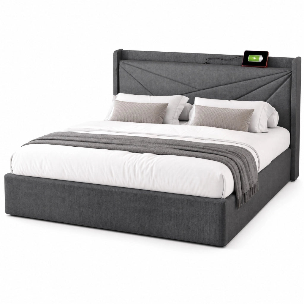 Letto matrimoniale contenitore 180x200 cm grigio con USB e USB-C