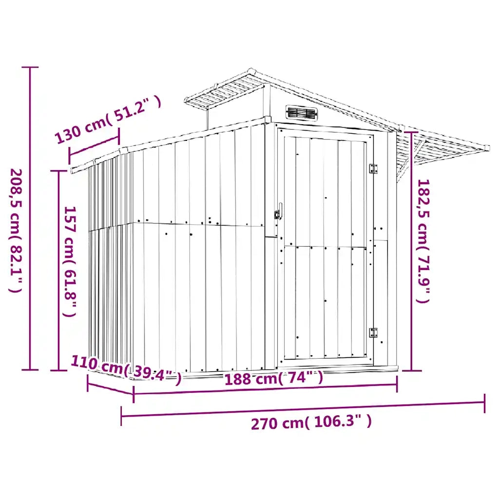 Capanno da Giardino Grigio 270x130x208,5 cm Acciaio Zincato 316243