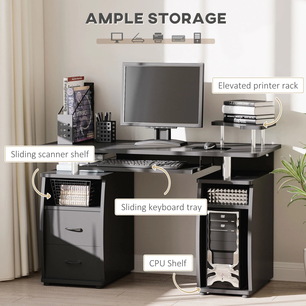 EasyComfort Scrivania per Computer Moderna Porta PC, Scrivania da Ufficio in Legno con Cassetti, Mensola Estraibile e Porta Tastiera, 120x55x85cm, Nero