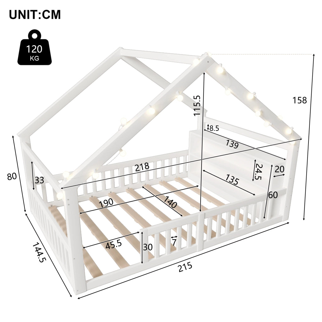Letto per bambini 140×190 cm con sponde e ripiani laterali; senza materasso; legno; bianco