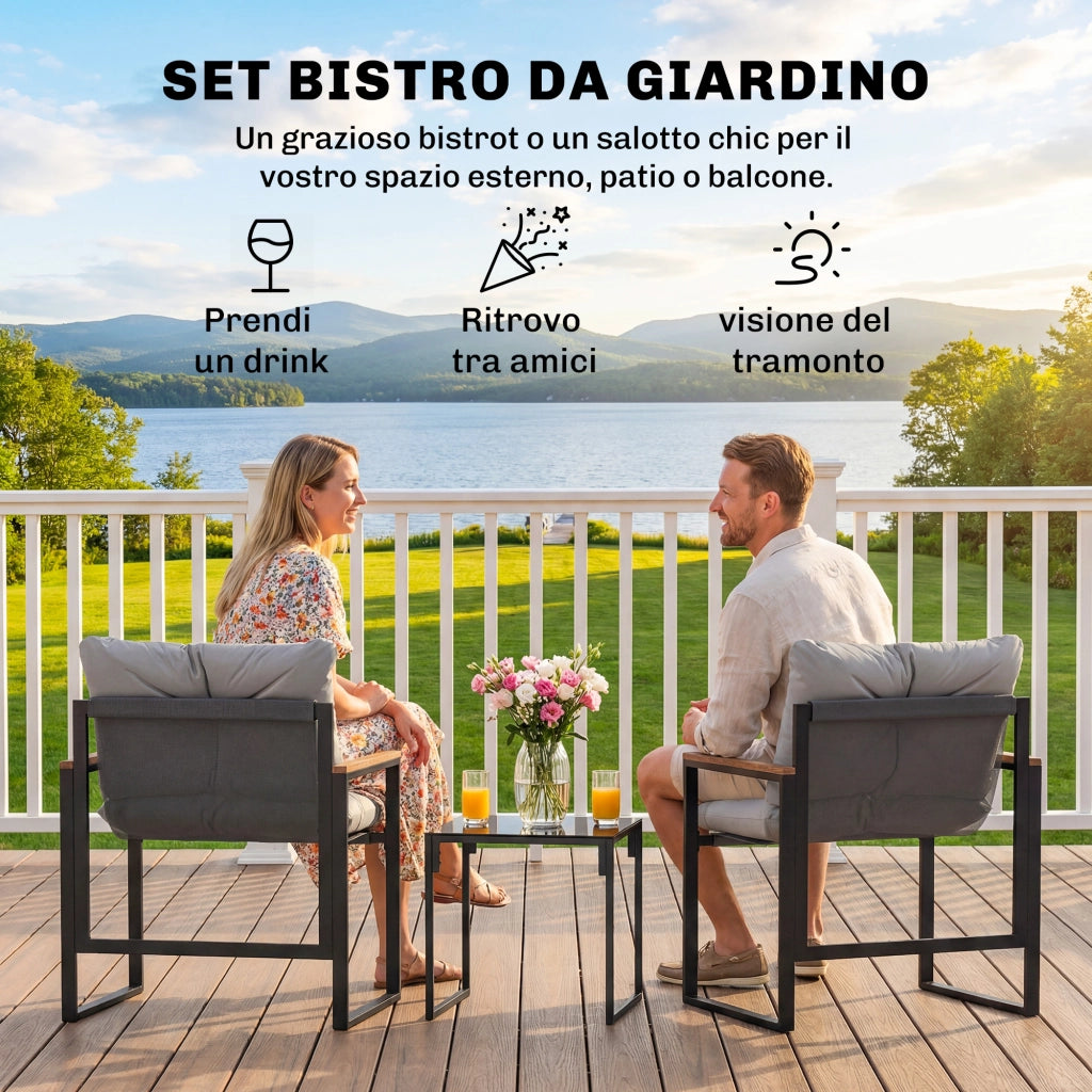 Set Tavolo e Sedie da Esterno per 3 Persone con Cuscini Spessi in Metallo Grigio