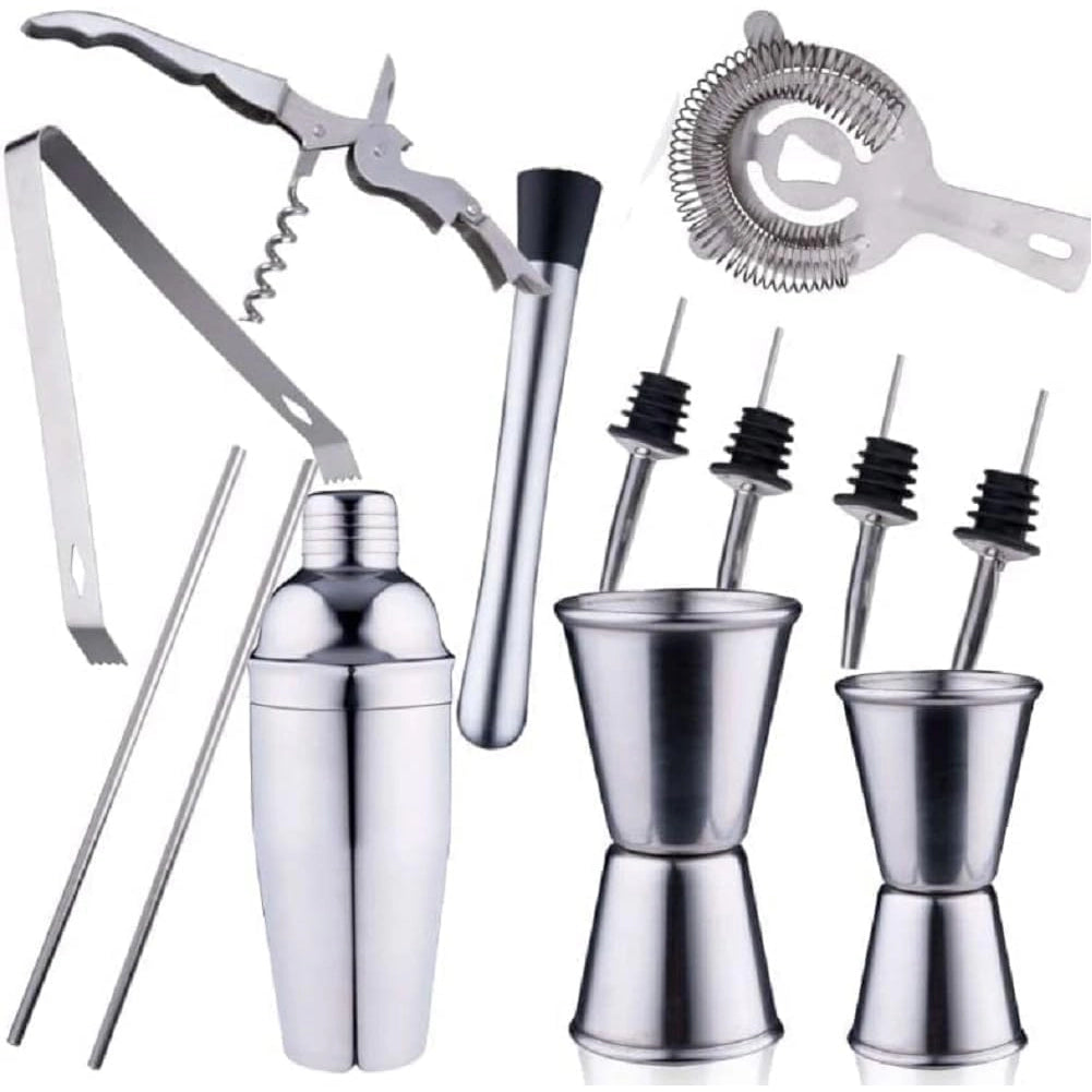 Set 14 Pezzi da Cocktail Completo con Shaker Stamper Jigger e Accessori in Acciaio Inox