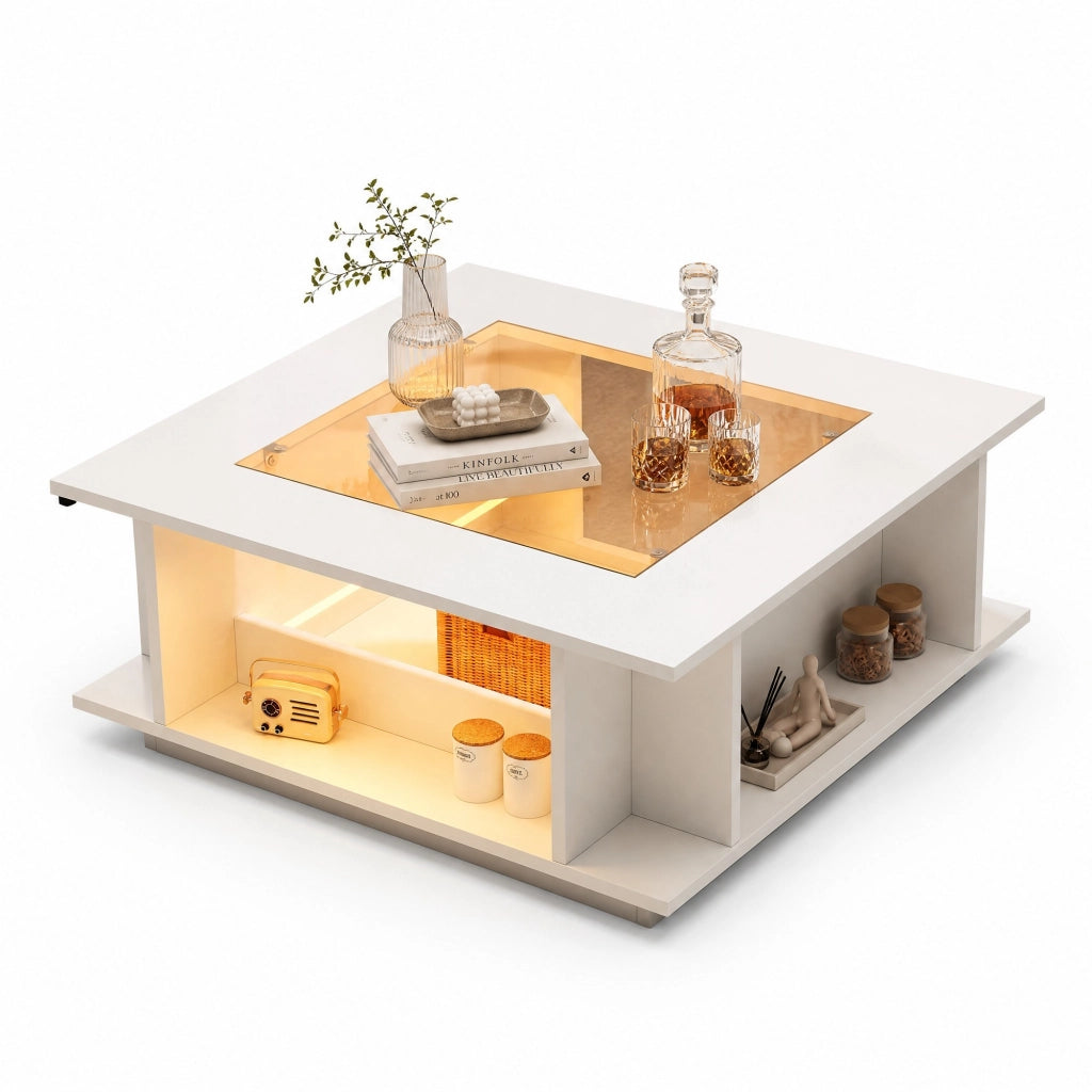 Tavolino da caffè quadrato con piano in vetro; LED; vani aperti e spazio laterale; bianco; 70 × 70 × 30 cm
