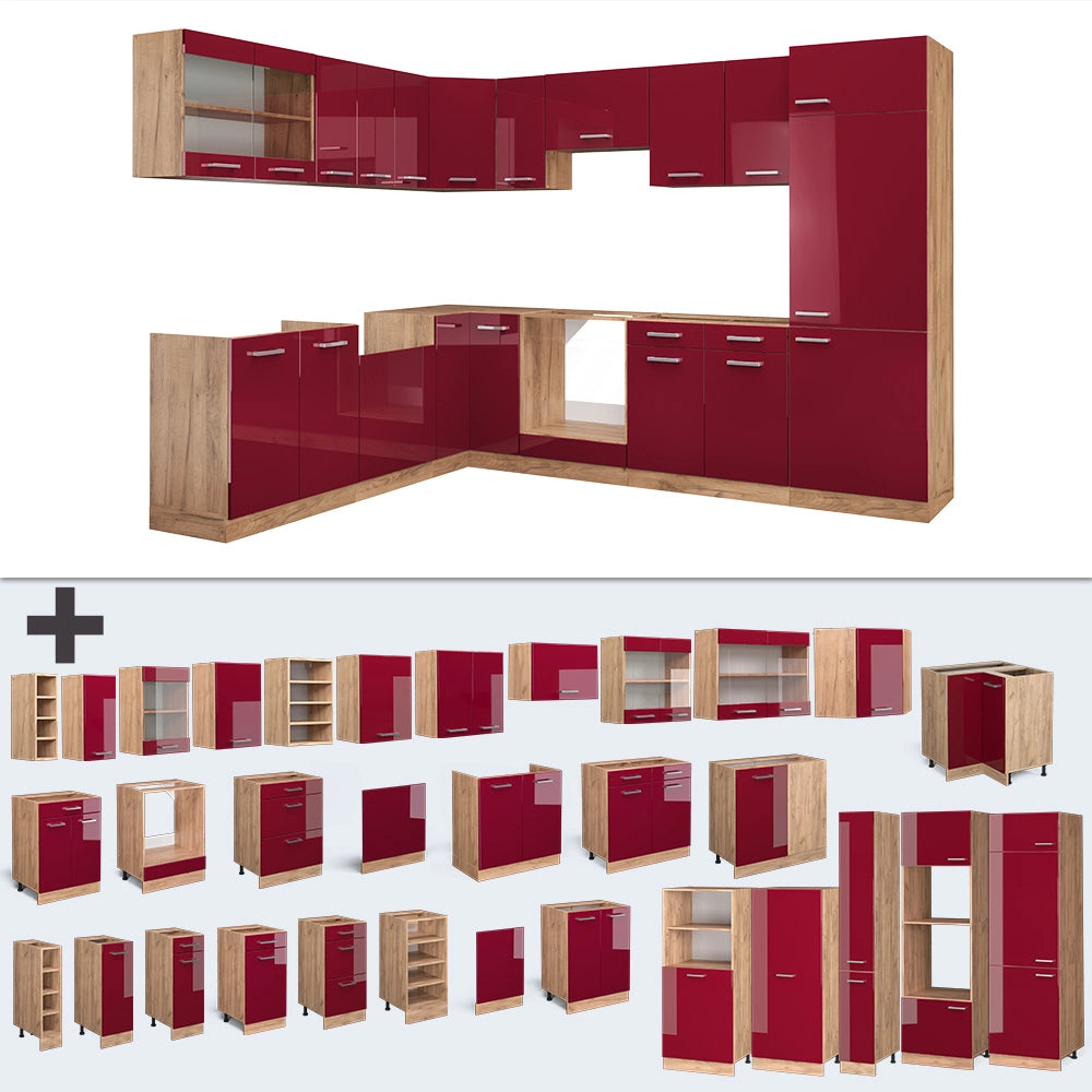 Vicco Cucina angolare completa Rosso lucido/rovere dorato 287 x 46 cm senza piano di lavoro
