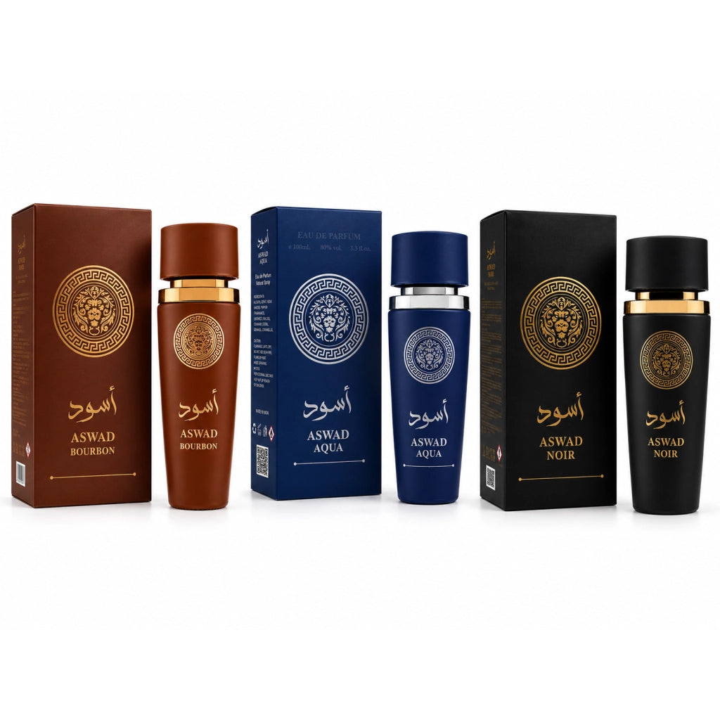 Aswad Set 3 Profumi Eau de Parfum 100 ml – Aswad Bourbon, Aswad Noir e Aswad Aqua – Set 3 Fragranze Uomo e Unisex – Confezione 3 x 100 ml