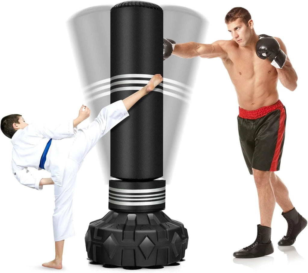 Sacco da Boxe da Terra Professionale con Area per Calci, Sacco Kick Boxing Autoportante con Base Riempibile da Sabbia e Acqua, 12 Ventose in Gomma e Struttura Multistrato