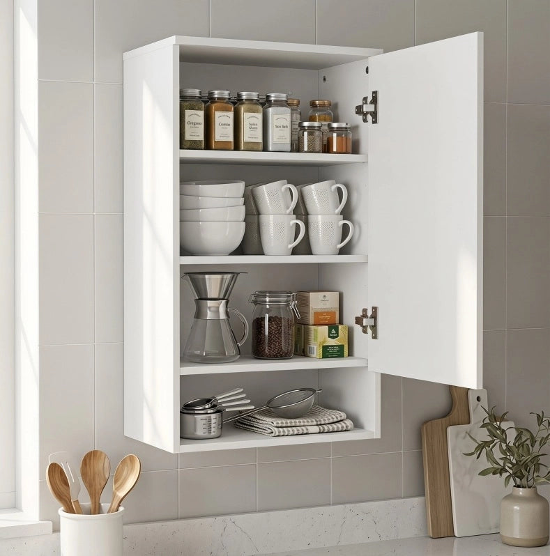 Mobile bagno da parete bianco con anta, ripiani regolabili e vano aperto