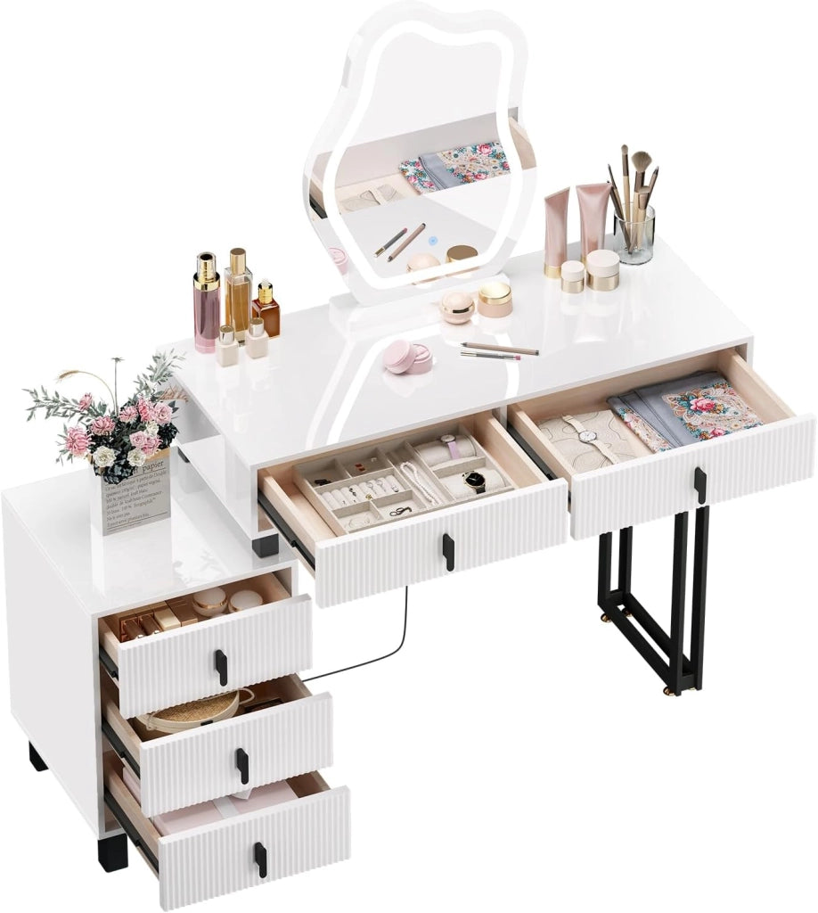 Toeletta con Luce LED, Luminosità Regolabile, Specchio a Nuvola, Piano Lucido, 5 Cassetti in Legno Massiccio, 1 Cassettiera, Moderno, Bianco e Nero, MB6118ws