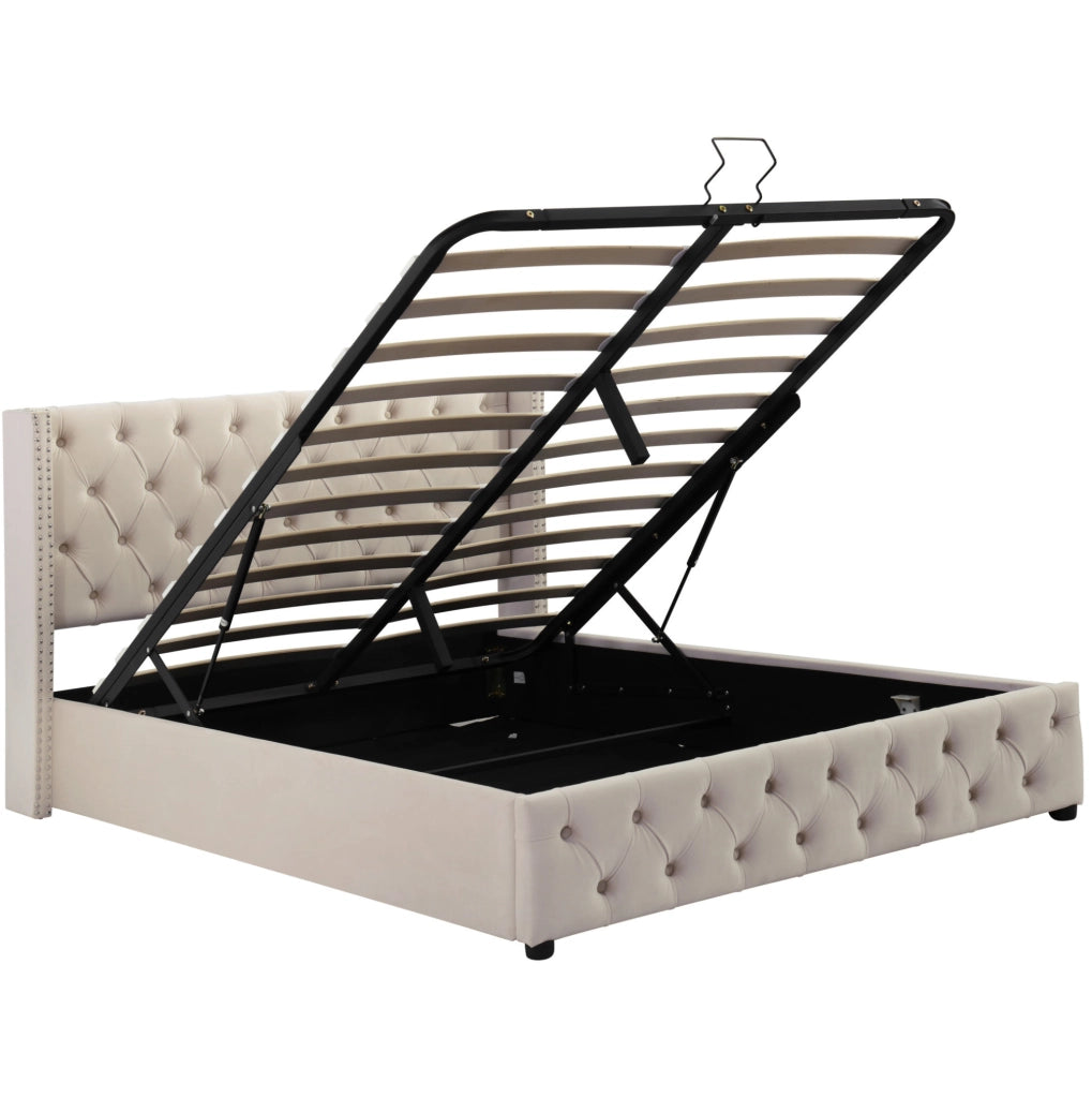 Letto imbottito Chesterfield con contenitore 140x190 in velluto beige