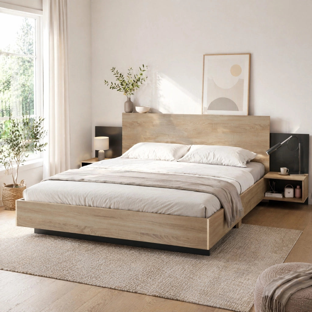 Letto matrimoniale in legno 160x200 cm con 2 comodini, design moderno in rovere Sonoma e grigio scuro